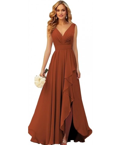 V Neck Chiffon Bridesmaid Dresses for Wedding Long Formal Evening Gown with Ruffle Slit Grey $28.41 Dresses