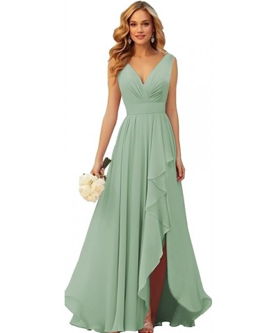 V Neck Chiffon Bridesmaid Dresses for Wedding Long Formal Evening Gown with Ruffle Slit Grey $28.41 Dresses