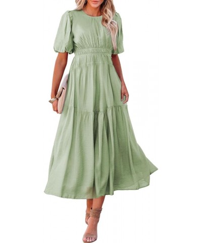 Womens Casual Dresses Summer Crewneck Puff Sleeve Smocked Midi Dress High Waist Ruffle Flowy Tiered A Line Sundress Green $22...