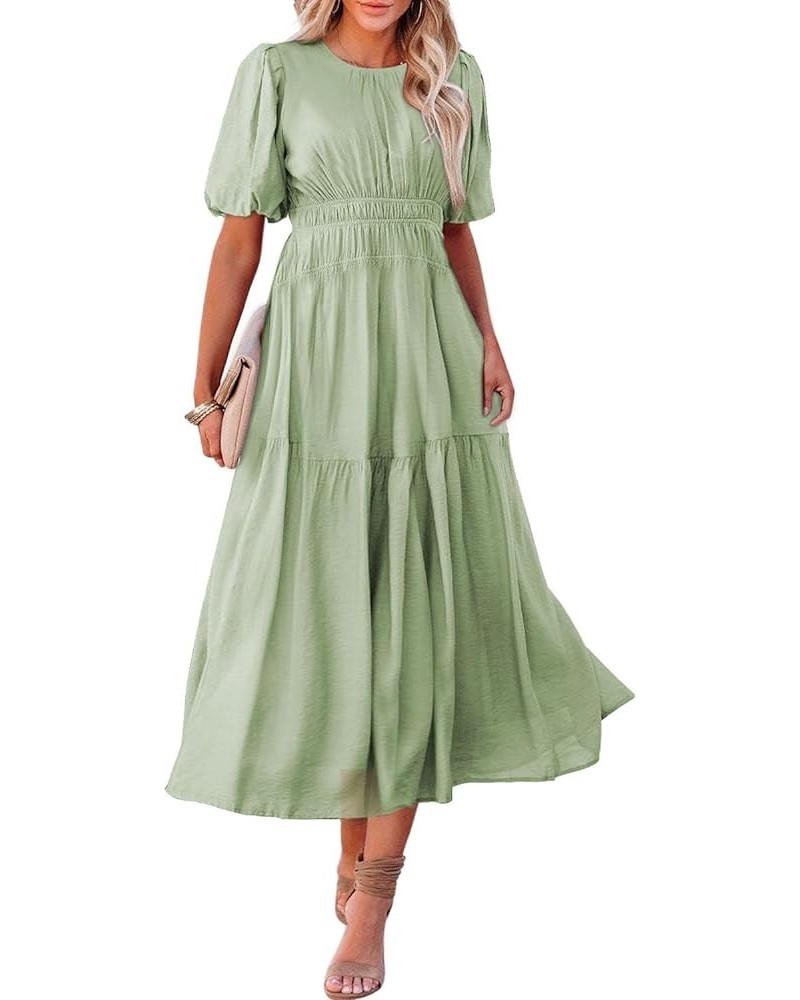 Womens Casual Dresses Summer Crewneck Puff Sleeve Smocked Midi Dress High Waist Ruffle Flowy Tiered A Line Sundress Green $22...