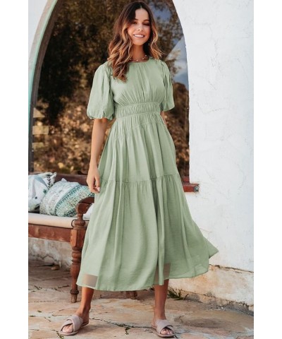 Womens Casual Dresses Summer Crewneck Puff Sleeve Smocked Midi Dress High Waist Ruffle Flowy Tiered A Line Sundress Green $22...