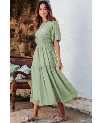 Womens Casual Dresses Summer Crewneck Puff Sleeve Smocked Midi Dress High Waist Ruffle Flowy Tiered A Line Sundress Green $22...