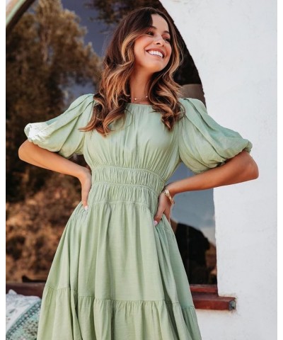 Womens Casual Dresses Summer Crewneck Puff Sleeve Smocked Midi Dress High Waist Ruffle Flowy Tiered A Line Sundress Green $22...