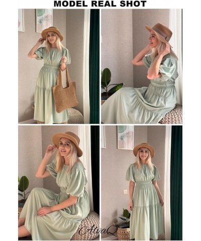 Womens Casual Dresses Summer Crewneck Puff Sleeve Smocked Midi Dress High Waist Ruffle Flowy Tiered A Line Sundress Green $22...