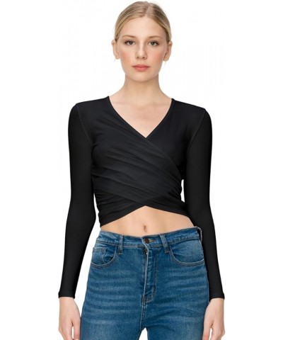 Women's Long/Short Sleeve Deep V Neck Cross Wrap Crop Surplice Top Black_2330 $11.12 Blouses