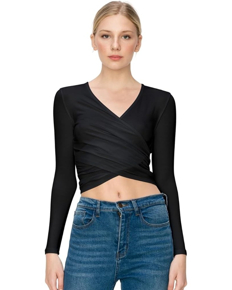 Women's Long/Short Sleeve Deep V Neck Cross Wrap Crop Surplice Top Black_2330 $11.12 Blouses