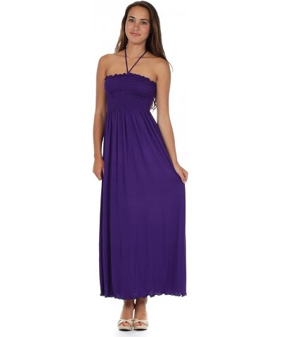 Soft Jersey Feel Solid Color Smocked Bodice String Halter Long Dress Purple $22.41 Dresses