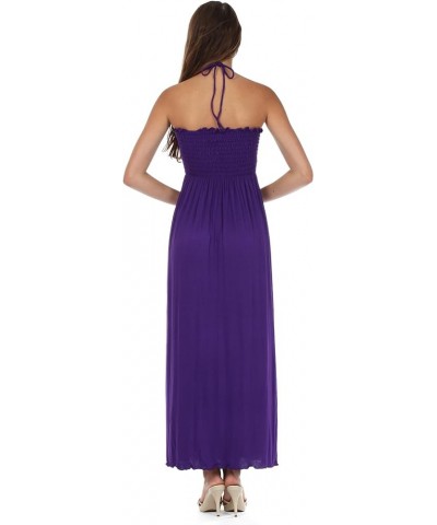 Soft Jersey Feel Solid Color Smocked Bodice String Halter Long Dress Purple $22.41 Dresses