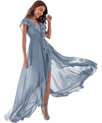 High Low Bohemian Bridesmaid Dresses 2023 Long Ruffles Sleeves Chiffon V Neck Slit Belt Formal Prom Gown for Women Yxxy529 Du...