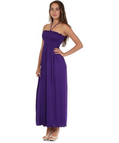 Soft Jersey Feel Solid Color Smocked Bodice String Halter Long Dress Purple $22.41 Dresses