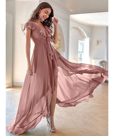 High Low Bohemian Bridesmaid Dresses 2023 Long Ruffles Sleeves Chiffon V Neck Slit Belt Formal Prom Gown for Women Yxxy529 Du...