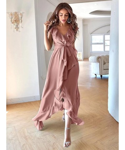 High Low Bohemian Bridesmaid Dresses 2023 Long Ruffles Sleeves Chiffon V Neck Slit Belt Formal Prom Gown for Women Yxxy529 Du...