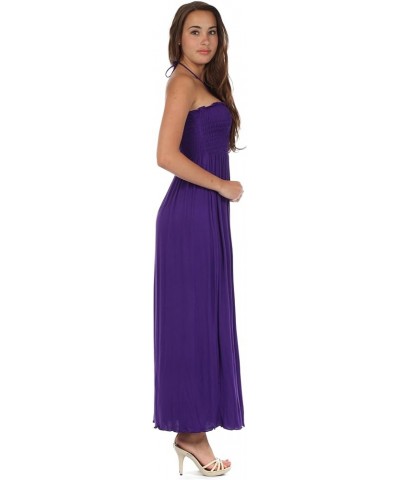 Soft Jersey Feel Solid Color Smocked Bodice String Halter Long Dress Purple $22.41 Dresses