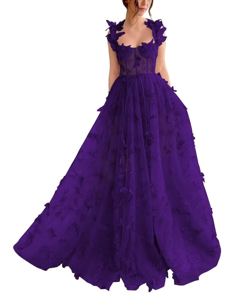 Corset Long Tulle Prom Dress with 3D Butterflies Sexy Slit Ball Gown Evening Dresses Party Wedding Formal 2024 Purple $42.70 ...