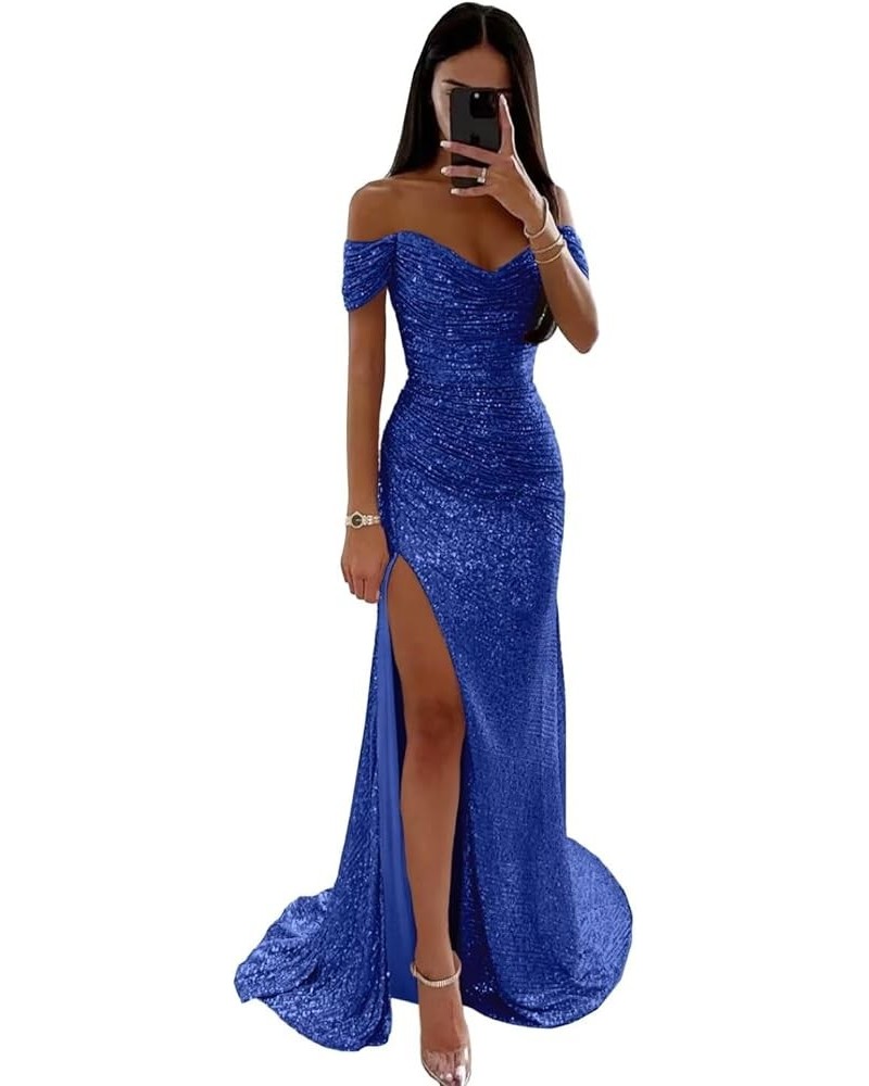 2024 Sparkly Sequin Prom Dresses Off Shoulder V-Neck Long Formal Evening Party Gowns with Slit Royal Blue $30.75 Dresses