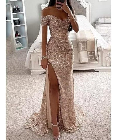 2024 Sparkly Sequin Prom Dresses Off Shoulder V-Neck Long Formal Evening Party Gowns with Slit Royal Blue $30.75 Dresses