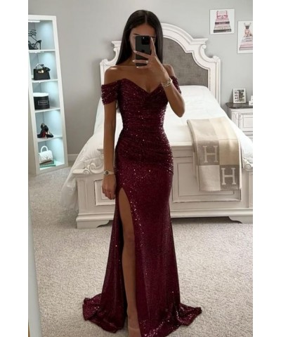 2024 Sparkly Sequin Prom Dresses Off Shoulder V-Neck Long Formal Evening Party Gowns with Slit Royal Blue $30.75 Dresses