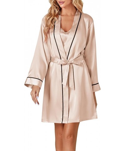 Women's 3pcs Satin Pajamas Set Cami Top and Shorts Sleepwear PJs Set with Robe Champagne $18.86 Sleep & Lounge