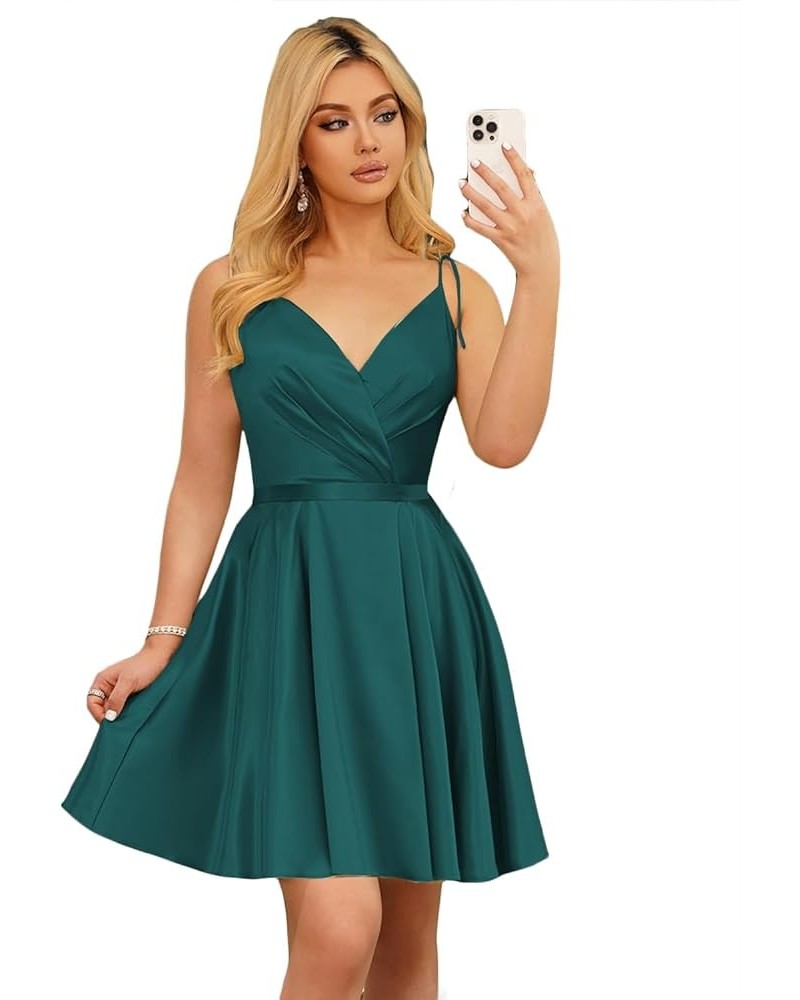 Women's V Neck Short Homecoming Dresses for Teens Satin Adjustable Straps Prom Cocktail Gown with Pockets TN072 Peacock $27.9...