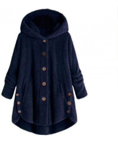 Winter Fleece Jackets For Women With Hood Plus Size Sherpa Hoodies Warm Button Down Lightweight Fuzzy Overcoat Tops B04-navy ...