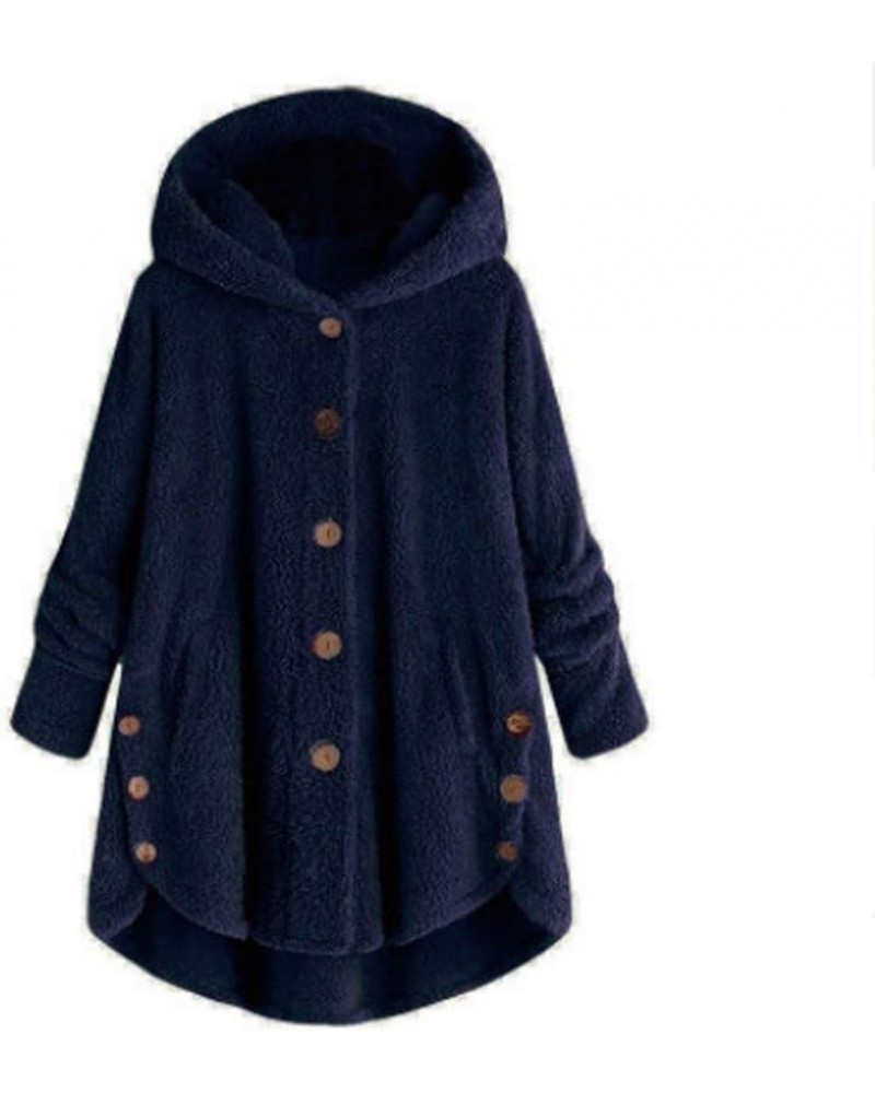 Winter Fleece Jackets For Women With Hood Plus Size Sherpa Hoodies Warm Button Down Lightweight Fuzzy Overcoat Tops B04-navy ...