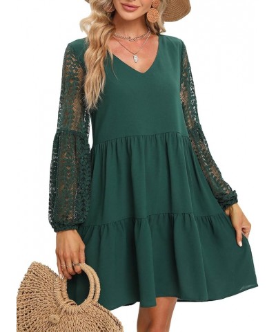 Women’s 2023 Summer Dresses V Neck Lace Lantern Long Sleeves Tunic Dress Cute Shift Babydoll Dress with Pocket Green $13.20 D...