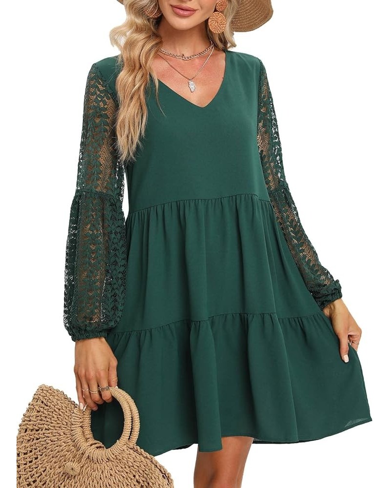 Women’s 2023 Summer Dresses V Neck Lace Lantern Long Sleeves Tunic Dress Cute Shift Babydoll Dress with Pocket Green $13.20 D...