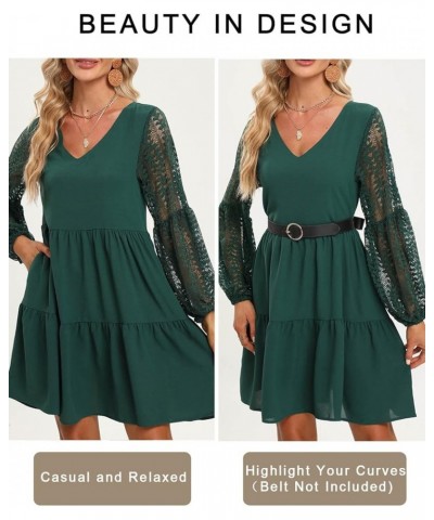 Women’s 2023 Summer Dresses V Neck Lace Lantern Long Sleeves Tunic Dress Cute Shift Babydoll Dress with Pocket Green $13.20 D...