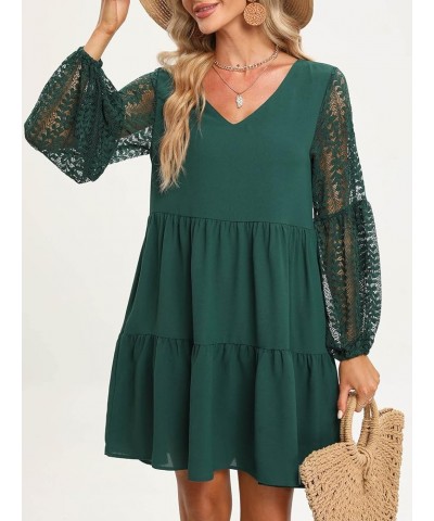 Women’s 2023 Summer Dresses V Neck Lace Lantern Long Sleeves Tunic Dress Cute Shift Babydoll Dress with Pocket Green $13.20 D...