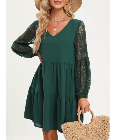 Women’s 2023 Summer Dresses V Neck Lace Lantern Long Sleeves Tunic Dress Cute Shift Babydoll Dress with Pocket Green $13.20 D...