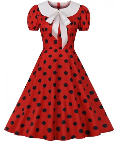 Women's Shirt Collar Ruffle Christmas Green Polka Dots Vintage Dress Black Dots in Red $13.10 Dresses