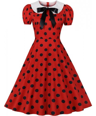 Women's Shirt Collar Ruffle Christmas Green Polka Dots Vintage Dress Black Dots in Red $13.10 Dresses