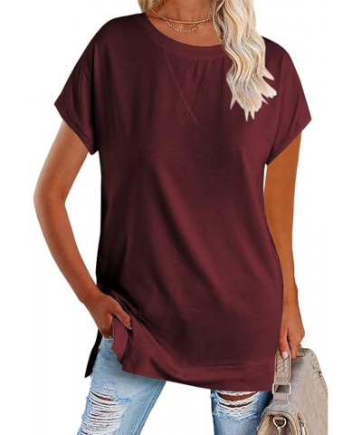 Women's Round Neck Solid Color T-Shirt Side Slit Casual Short-Sleeved Summer Sports Tunic Top Claret $13.49 Tops