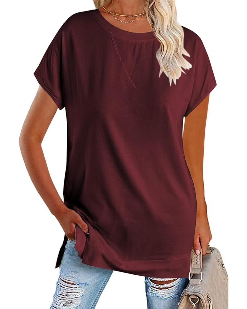 Women's Round Neck Solid Color T-Shirt Side Slit Casual Short-Sleeved Summer Sports Tunic Top Claret $13.49 Tops