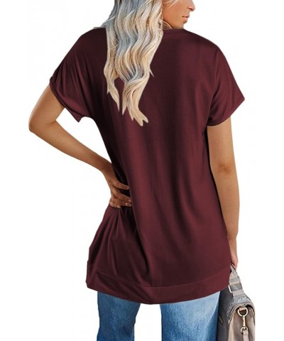 Women's Round Neck Solid Color T-Shirt Side Slit Casual Short-Sleeved Summer Sports Tunic Top Claret $13.49 Tops