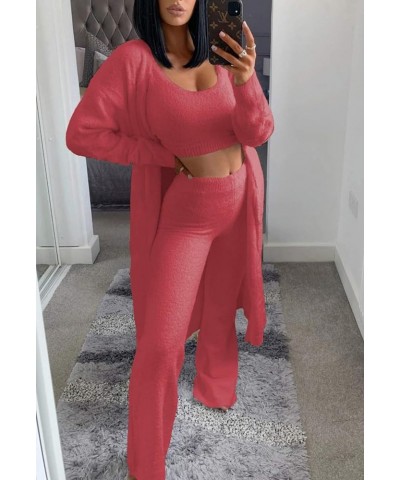 Women's Fuzzy 3 Piece Lounge Sets Sweatsuits Open Front Cardigan Crop Tank Tops Wide Legs Pants Outfits 01 - Pink $27.26 Slee...