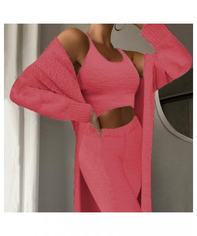 Women's Fuzzy 3 Piece Lounge Sets Sweatsuits Open Front Cardigan Crop Tank Tops Wide Legs Pants Outfits 01 - Pink $27.26 Slee...