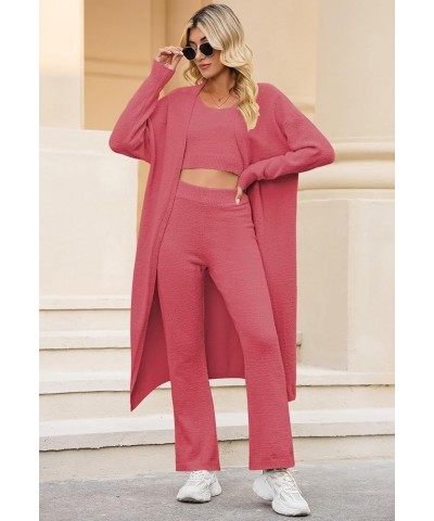 Women's Fuzzy 3 Piece Lounge Sets Sweatsuits Open Front Cardigan Crop Tank Tops Wide Legs Pants Outfits 01 - Pink $27.26 Slee...