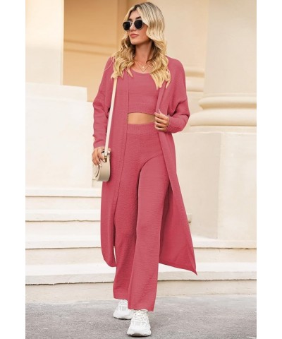 Women's Fuzzy 3 Piece Lounge Sets Sweatsuits Open Front Cardigan Crop Tank Tops Wide Legs Pants Outfits 01 - Pink $27.26 Slee...