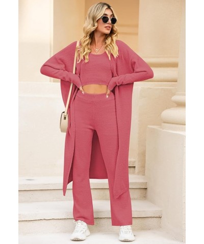 Women's Fuzzy 3 Piece Lounge Sets Sweatsuits Open Front Cardigan Crop Tank Tops Wide Legs Pants Outfits 01 - Pink $27.26 Slee...