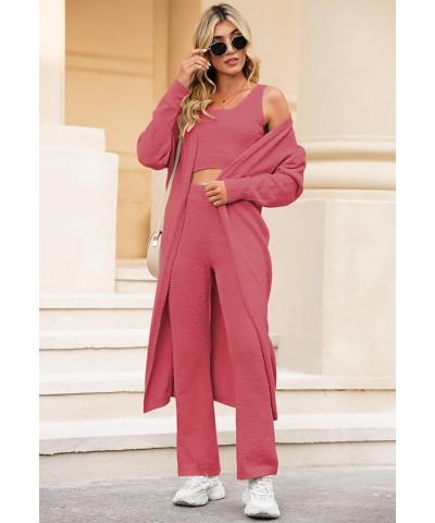 Women's Fuzzy 3 Piece Lounge Sets Sweatsuits Open Front Cardigan Crop Tank Tops Wide Legs Pants Outfits 01 - Pink $27.26 Slee...