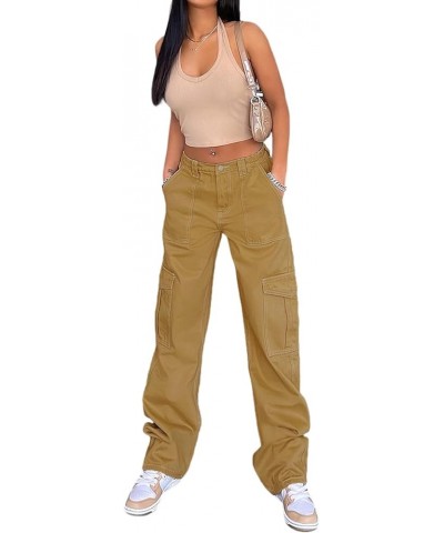 High Waist Baggy Cargo Jeans for Women Flap Pocket Relaxed Fit Straight Wide Leg Y2K Fashion Jeans Z light Brown $13.20 Jeans