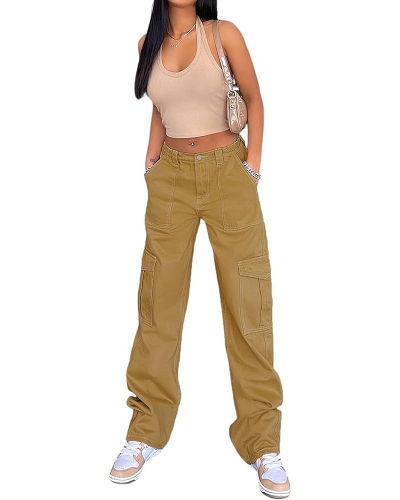 High Waist Baggy Cargo Jeans for Women Flap Pocket Relaxed Fit Straight Wide Leg Y2K Fashion Jeans Z light Brown $13.20 Jeans