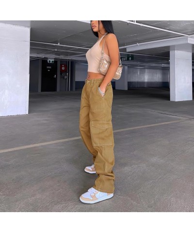 High Waist Baggy Cargo Jeans for Women Flap Pocket Relaxed Fit Straight Wide Leg Y2K Fashion Jeans Z light Brown $13.20 Jeans