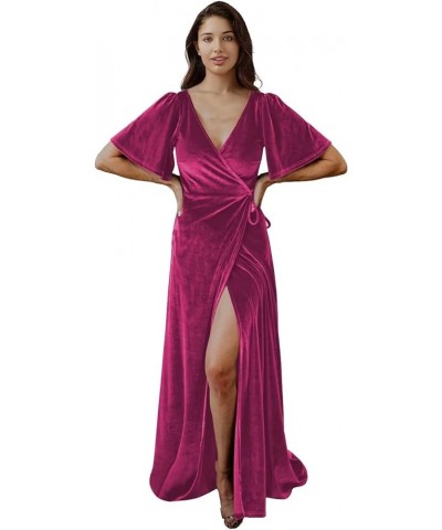 One Shoulder Velvet Bridesmaid Dresses with Slit for Women Long Sleeves Ruched Formal Party Gowns PU073 A-fuchsia $32.40 Dresses