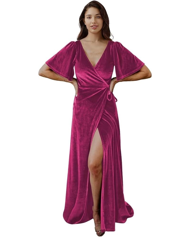 One Shoulder Velvet Bridesmaid Dresses with Slit for Women Long Sleeves Ruched Formal Party Gowns PU073 A-fuchsia $32.40 Dresses