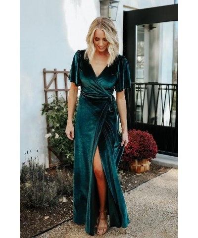 One Shoulder Velvet Bridesmaid Dresses with Slit for Women Long Sleeves Ruched Formal Party Gowns PU073 A-fuchsia $32.40 Dresses