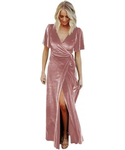 One Shoulder Velvet Bridesmaid Dresses with Slit for Women Long Sleeves Ruched Formal Party Gowns PU073 A-fuchsia $32.40 Dresses