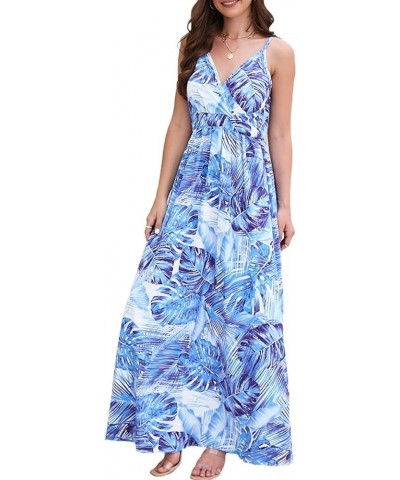 Women's Summer Long Dress Leaf Printed Bohemian Sexy V-Neck Sling High Waist A-line Maxi Boho Dresses Blue $12.70 Dresses