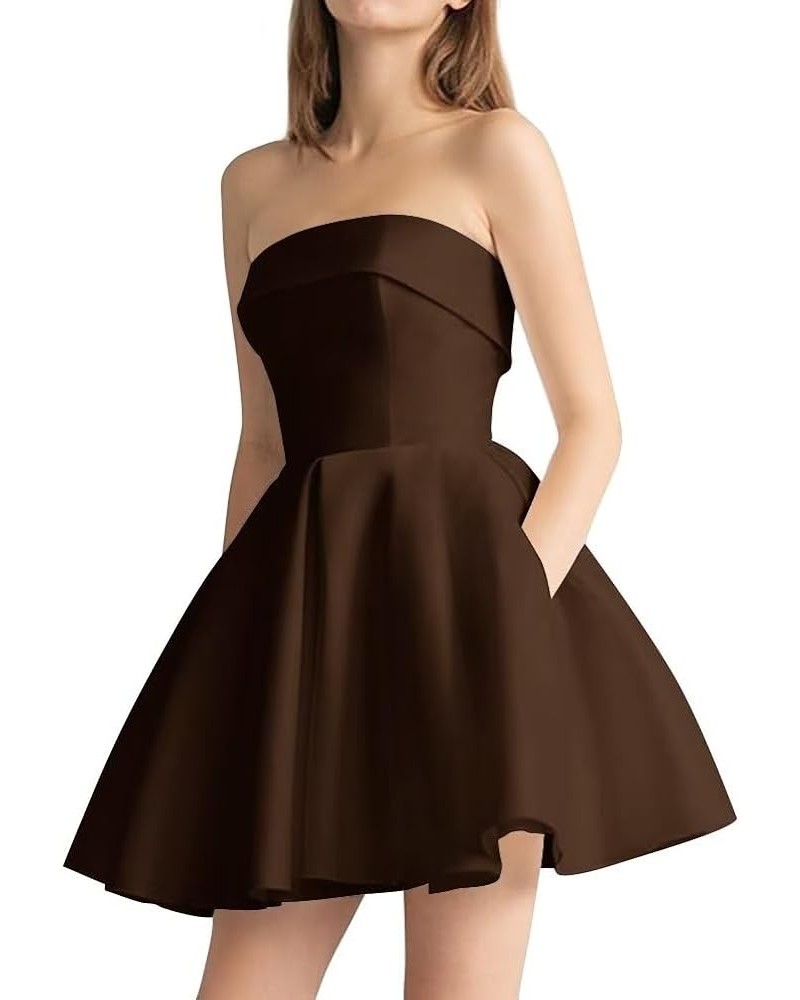 Women's Strapless Satin Short Prom Dresses with Pocket A Line Glitter Homecoming Dress Short Evening Party Ball Gown Chocolat...